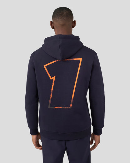Back view of navy hoodie featuring large orange outlined seven graphic on the back