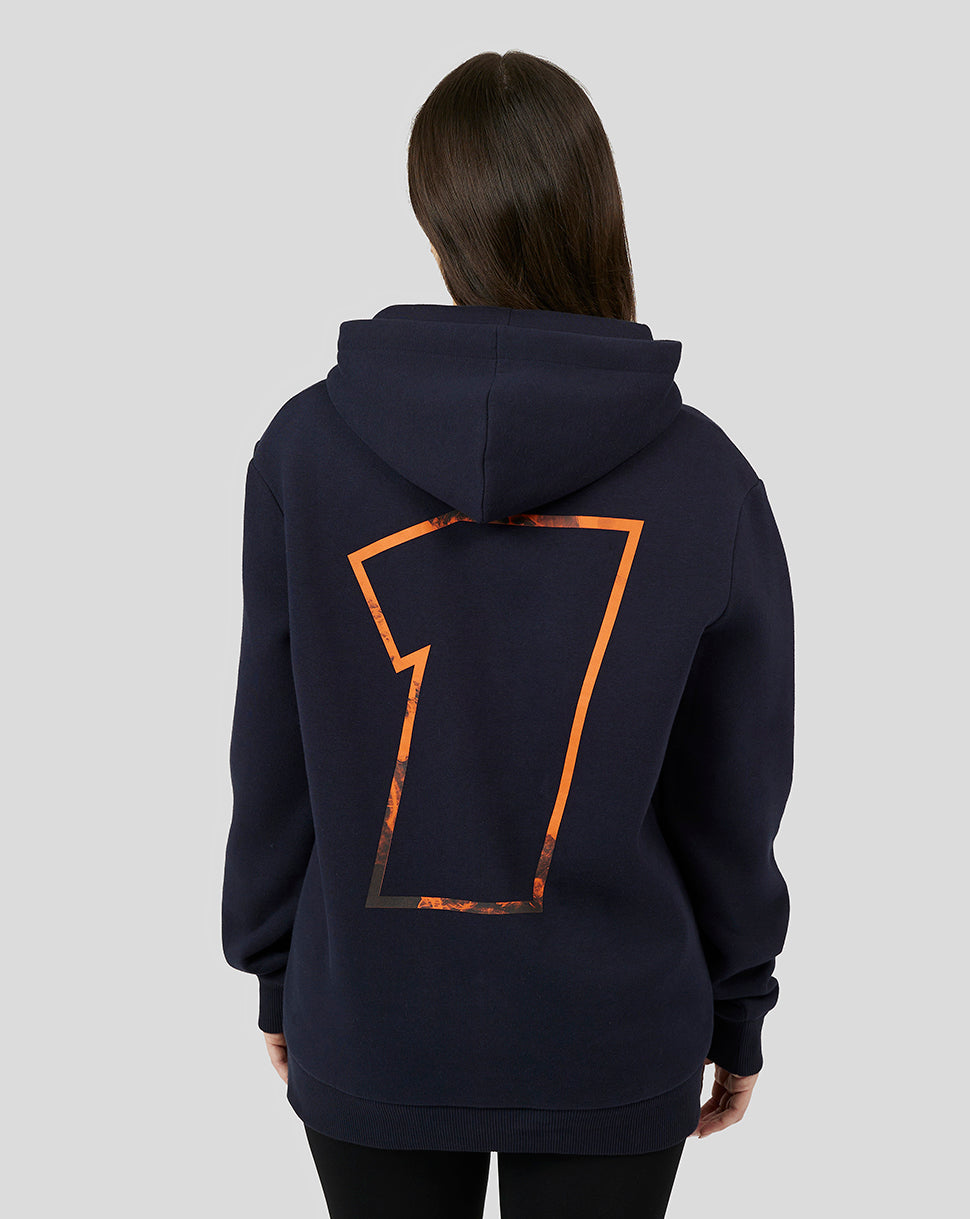 Rear view of navy hoodie with oversized orange seven graphic across the back
