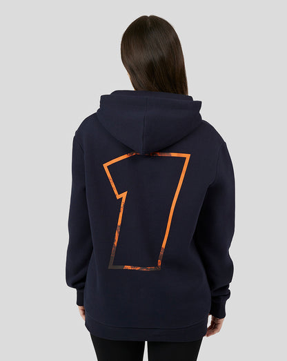 Rear view of navy hoodie with oversized orange seven graphic across the back