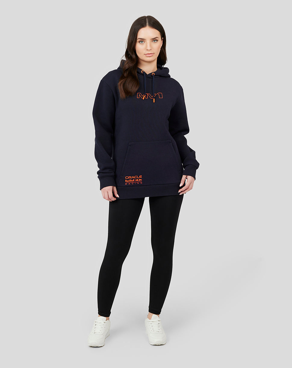 Full model wearing navy Oracle Red Bull Racing hoodie with orange chest logo and front pocket