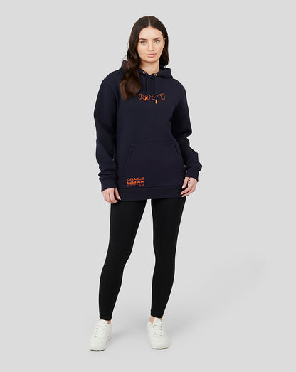 Full model wearing navy Oracle Red Bull Racing hoodie with orange chest logo and front pocket