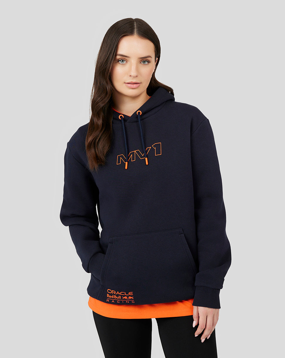 Navy unisex Oracle Red Bull Racing hoodie with orange chest logo and orange drawstrings