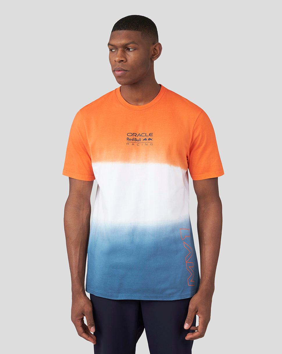 Front view of a male model wearing an orange white blue dip-dye Oracle Red Bull Racing T-shirt with chest logo