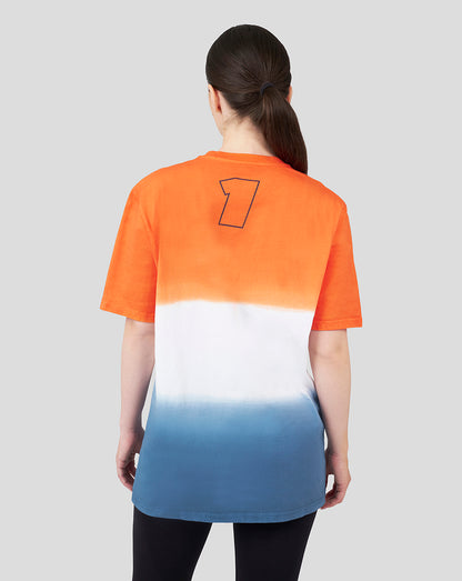 Back view of a dip dye orange white blue Verstappen T shirt with a large number 7 on the upper back