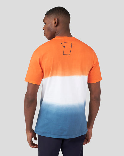 Back view of a male model wearing the orange white blue dip-dye T-shirt with a large number 1 on the upper back
