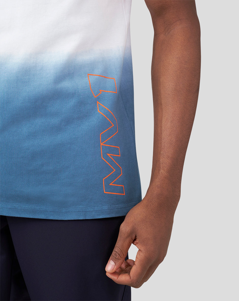 Side view of the dip dye tee with vertical orange Verstappen lettering along the blue hem