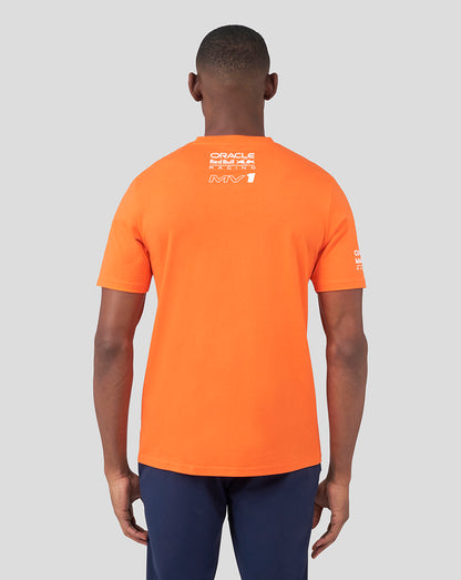 Back view of bright orange Max Verstappen T shirt showing back of neck logo and sleeve logo