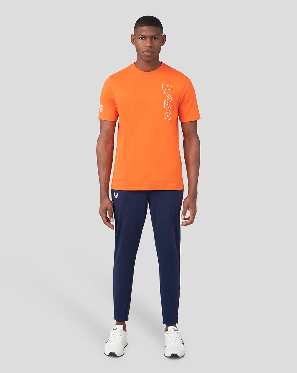 Back view of Exotic Orange Max Verstappen T shirt showing neck and sleeve logos