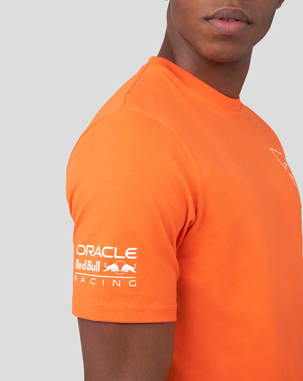Orange Max Verstappen driver T shirt from Oracle Red Bull Racing side view with sleeve logo and partial chest emblem
