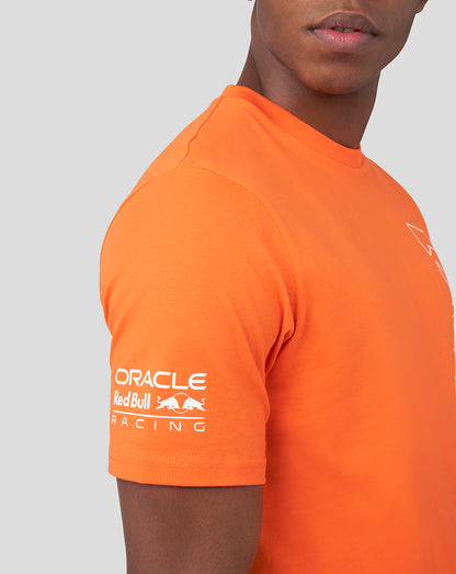 Orange Max Verstappen driver T shirt from Oracle Red Bull Racing side view with sleeve logo and partial chest emblem