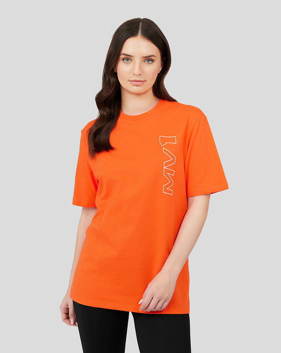 Female model wearing Exotic Orange Oracle Red Bull Racing Max Verstappen T shirt with MV1 graphic on the chest