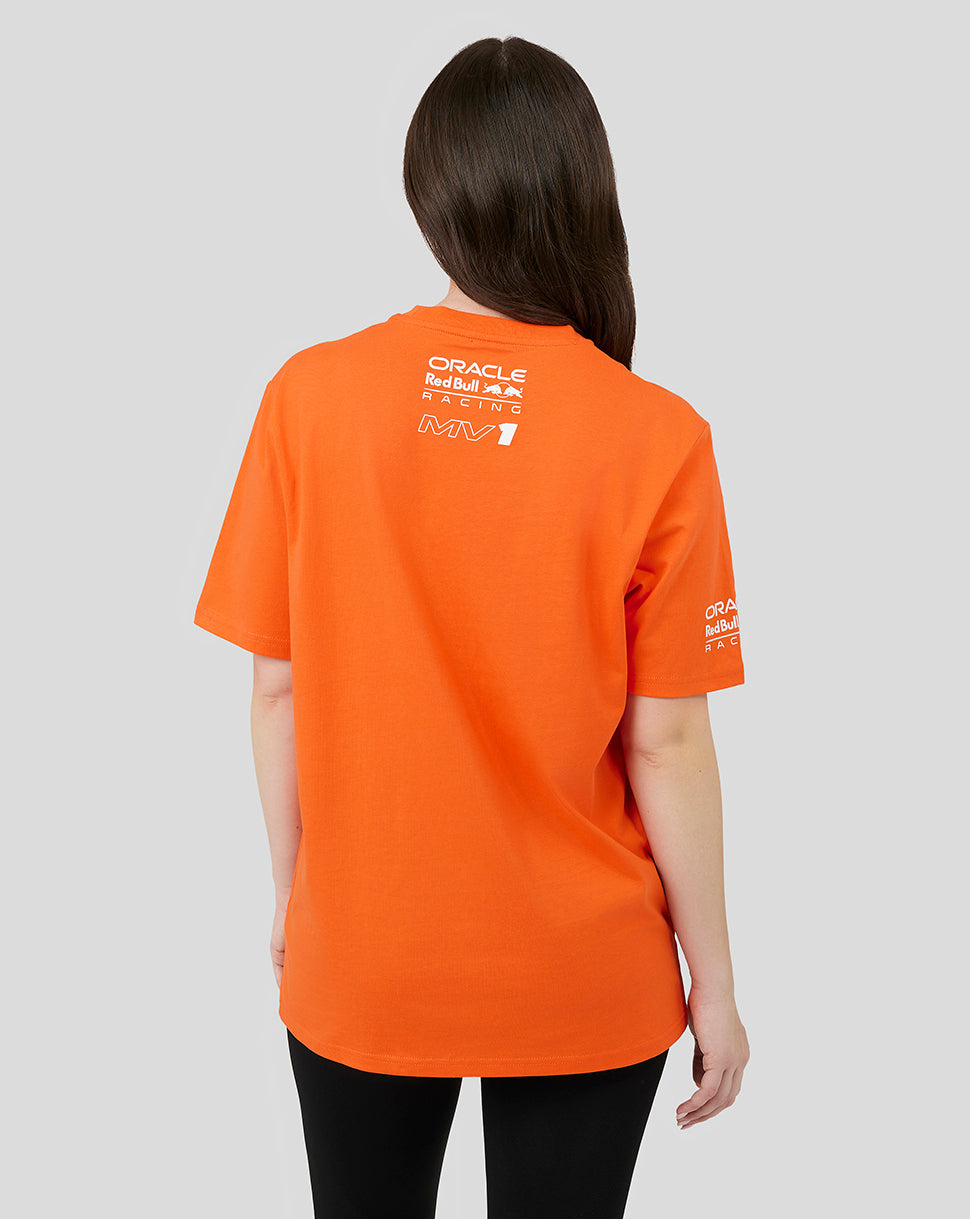 Back view of Exotic Orange Oracle Red Bull Racing unisex driver T shirt with neck logo