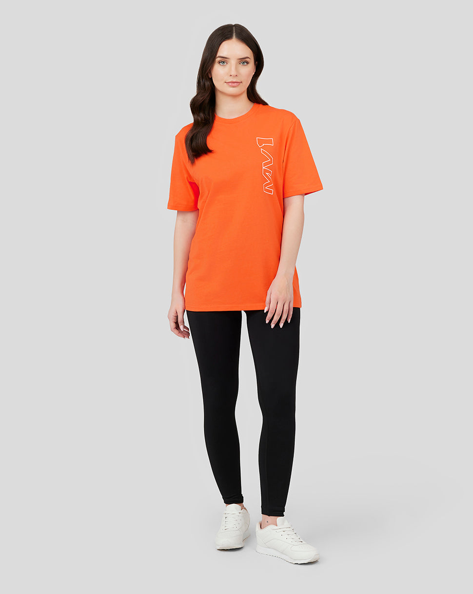 Front view of Exotic Orange Oracle Red Bull Racing T shirt with MV1 vertical logo on chest