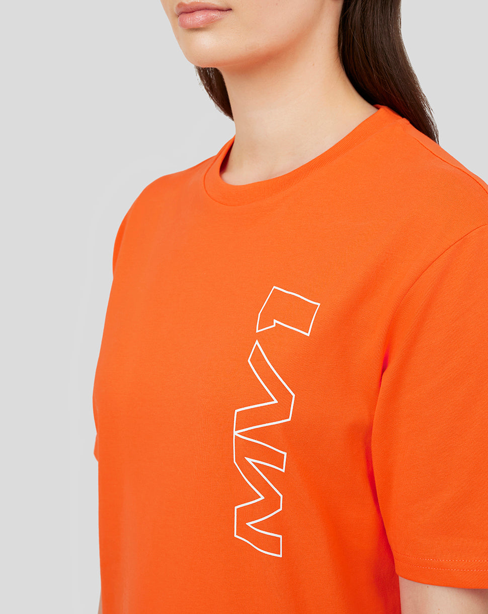 Front view of orange Max Verstappen T shirt featuring a large white chest graphic