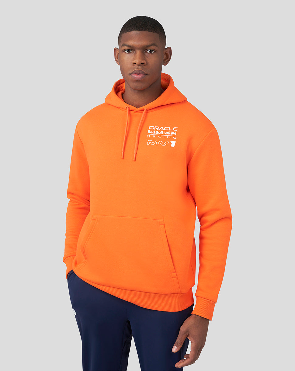 Exotic orange hoodie with brushback overhead hood and Oracle Red Bull Racing logo on the chest