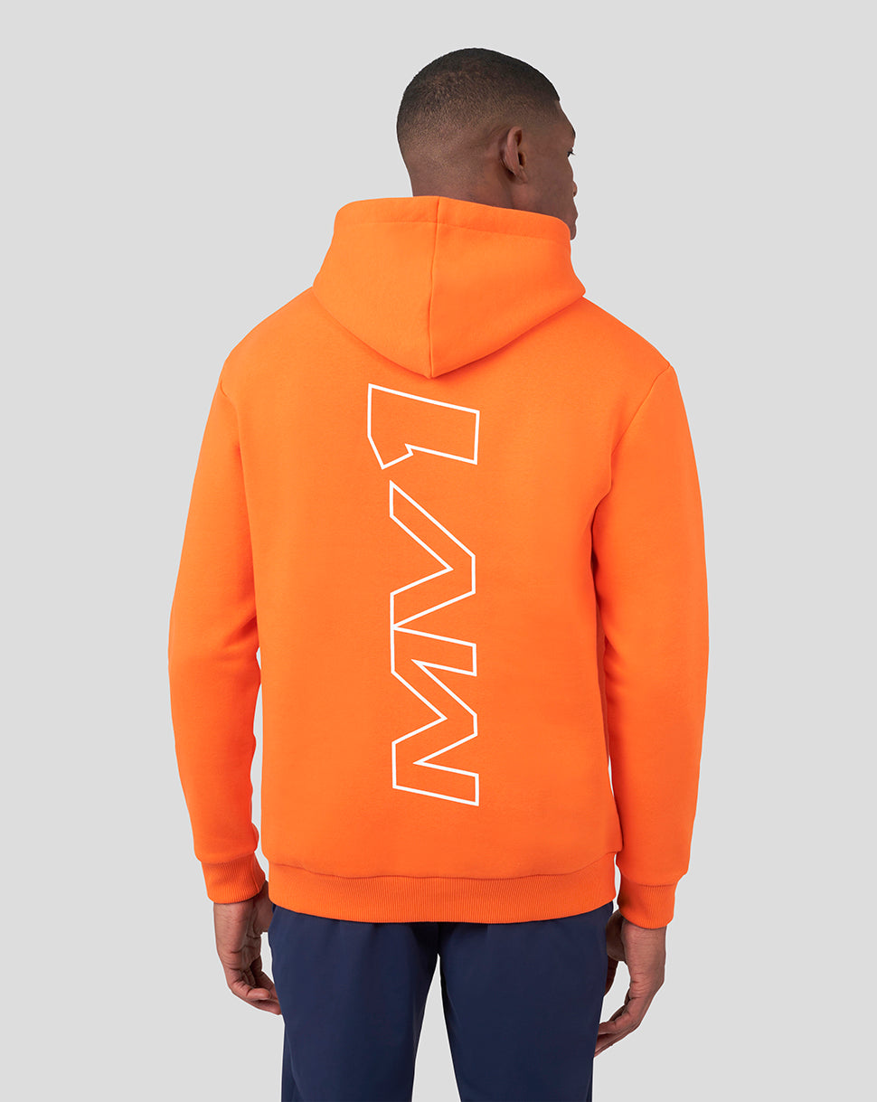 Back view of an exotic orange hoodie showing a large white MV1 graphic down the back