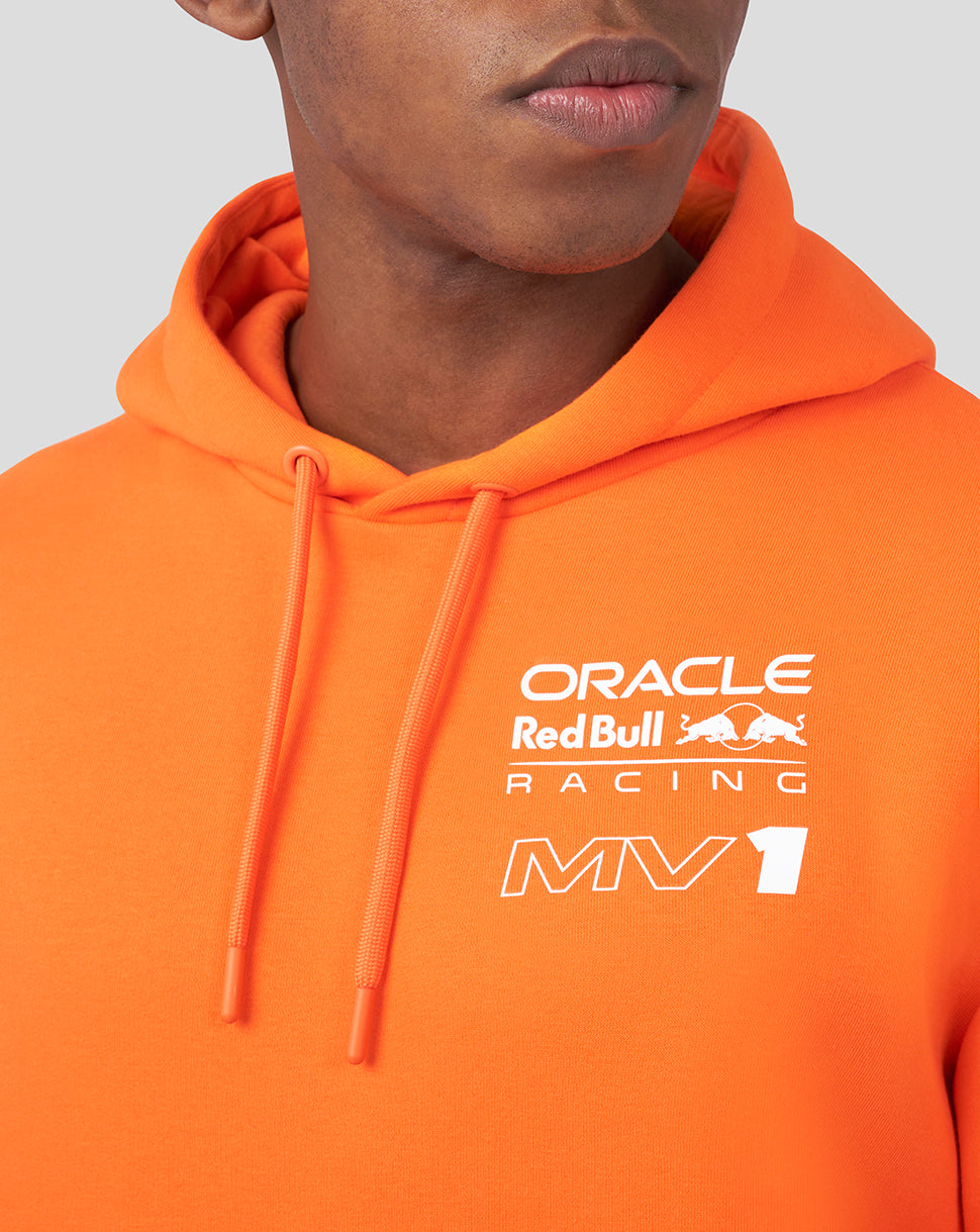 Close up of the chest area showing Oracle Red Bull Racing logo and MV1 text on orange hoodie