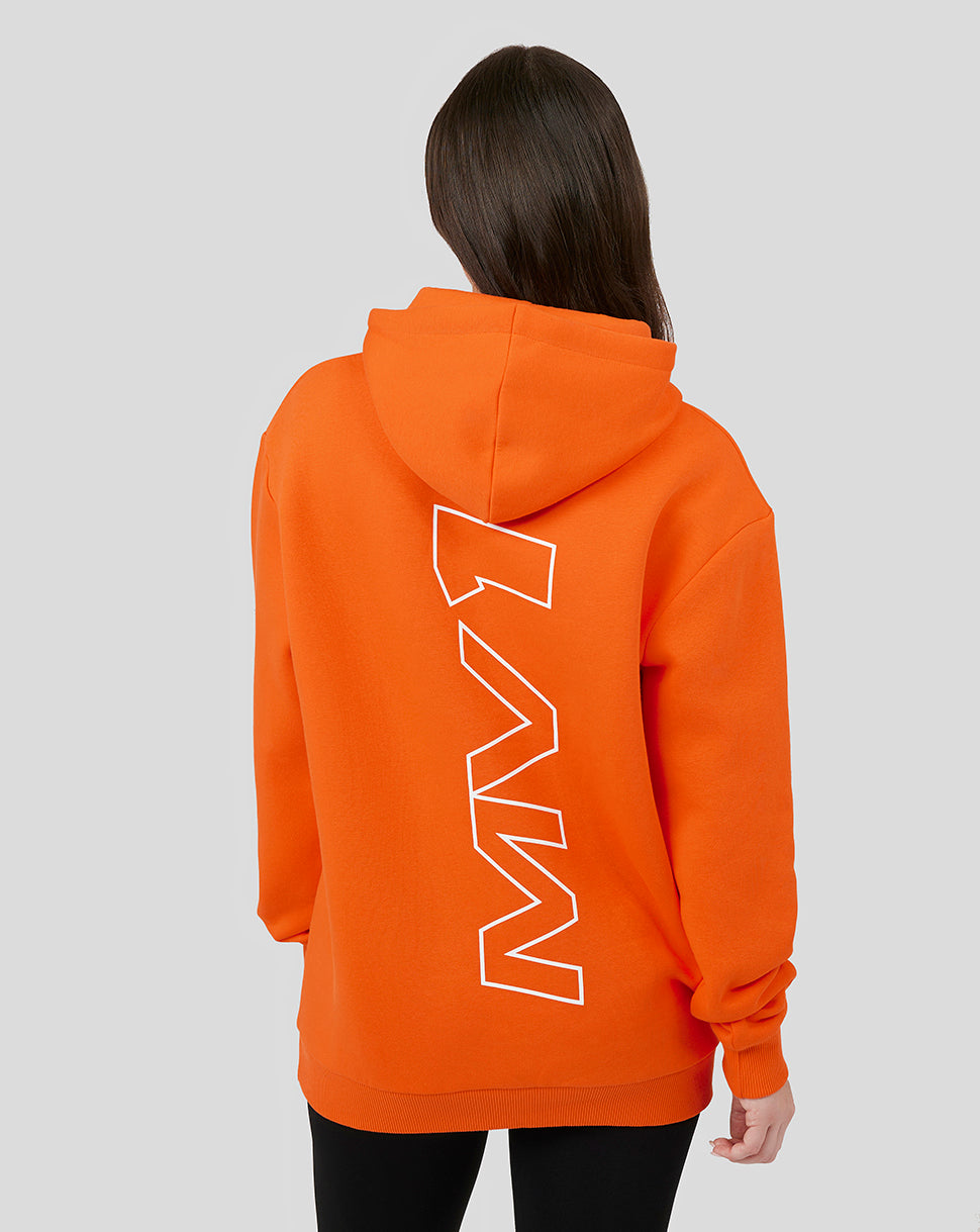 Back view of bright orange hoodie with a large white vertical outlined logo down the back and a hood