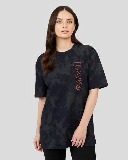 Oversized black tie-dye T-shirt with orange vertical MV11 logo on the front