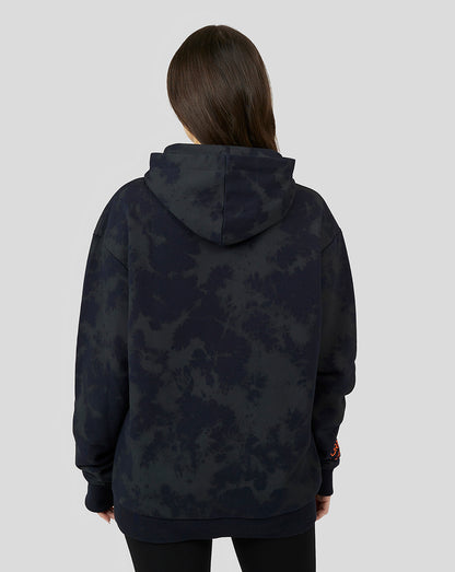 Rear view of oversized Verstappen hoodie with hood up and dark camo pattern