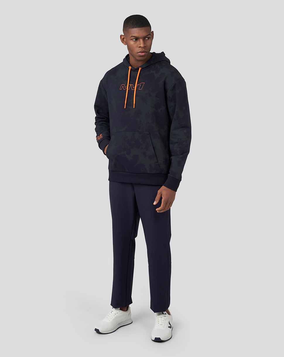 Male model in a navy camo hoodie with orange drawstrings and Verstappen logo on the chest.
