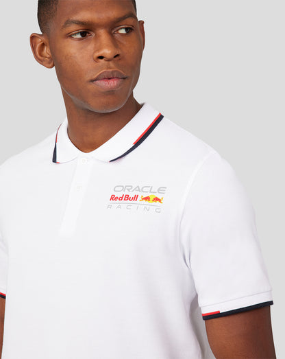 White Oracle Red Bull Racing polo close up showing left chest logo and contrasting collar trim.