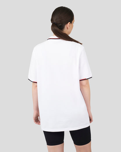 Back view of white Oracle Red Bull Racing polo with red and black tipped collar and sleeve edges
