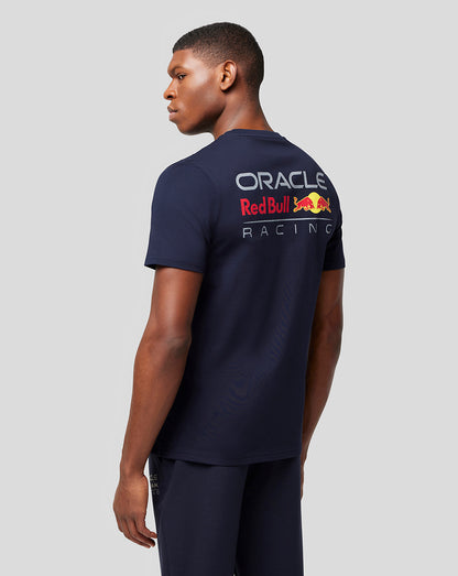 Back view of a man wearing navy Oracle Red Bull Racing T shirt with a large logo across the upper back.