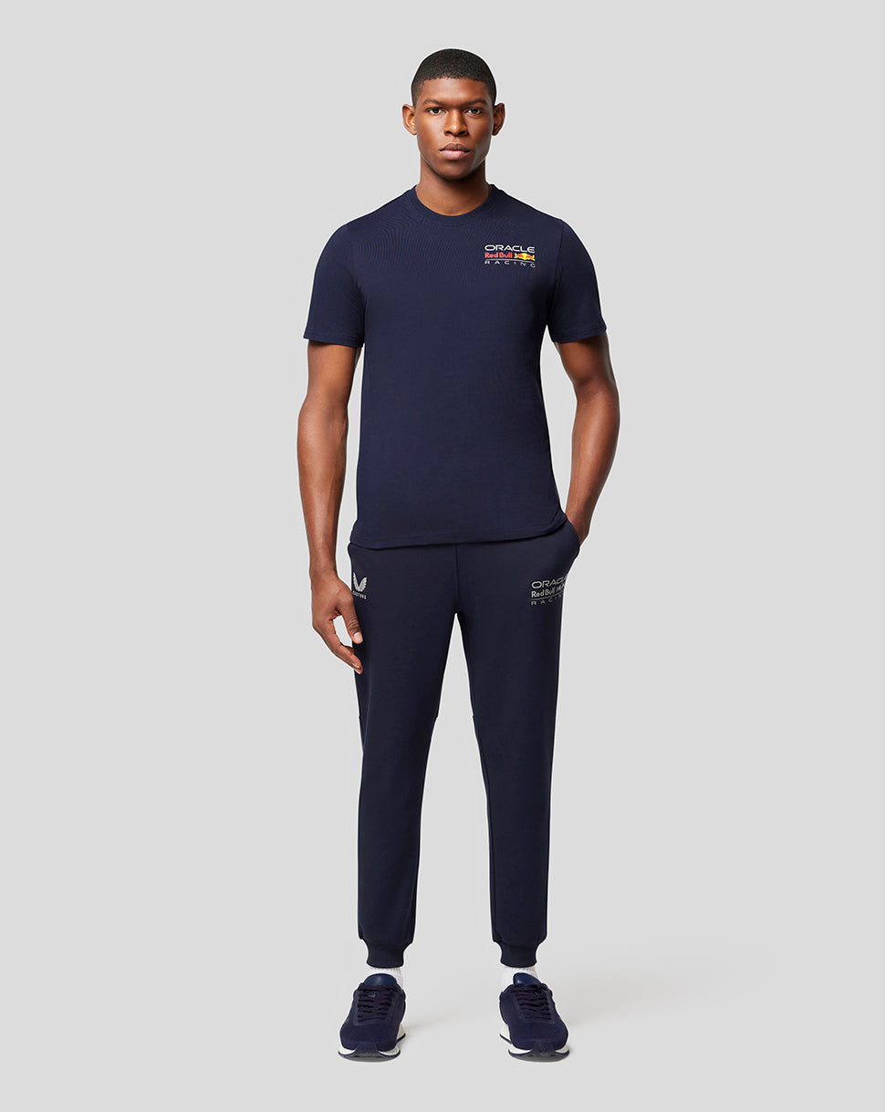 Male model wearing navy Oracle Red Bull Racing Core T Shirt with left chest logo