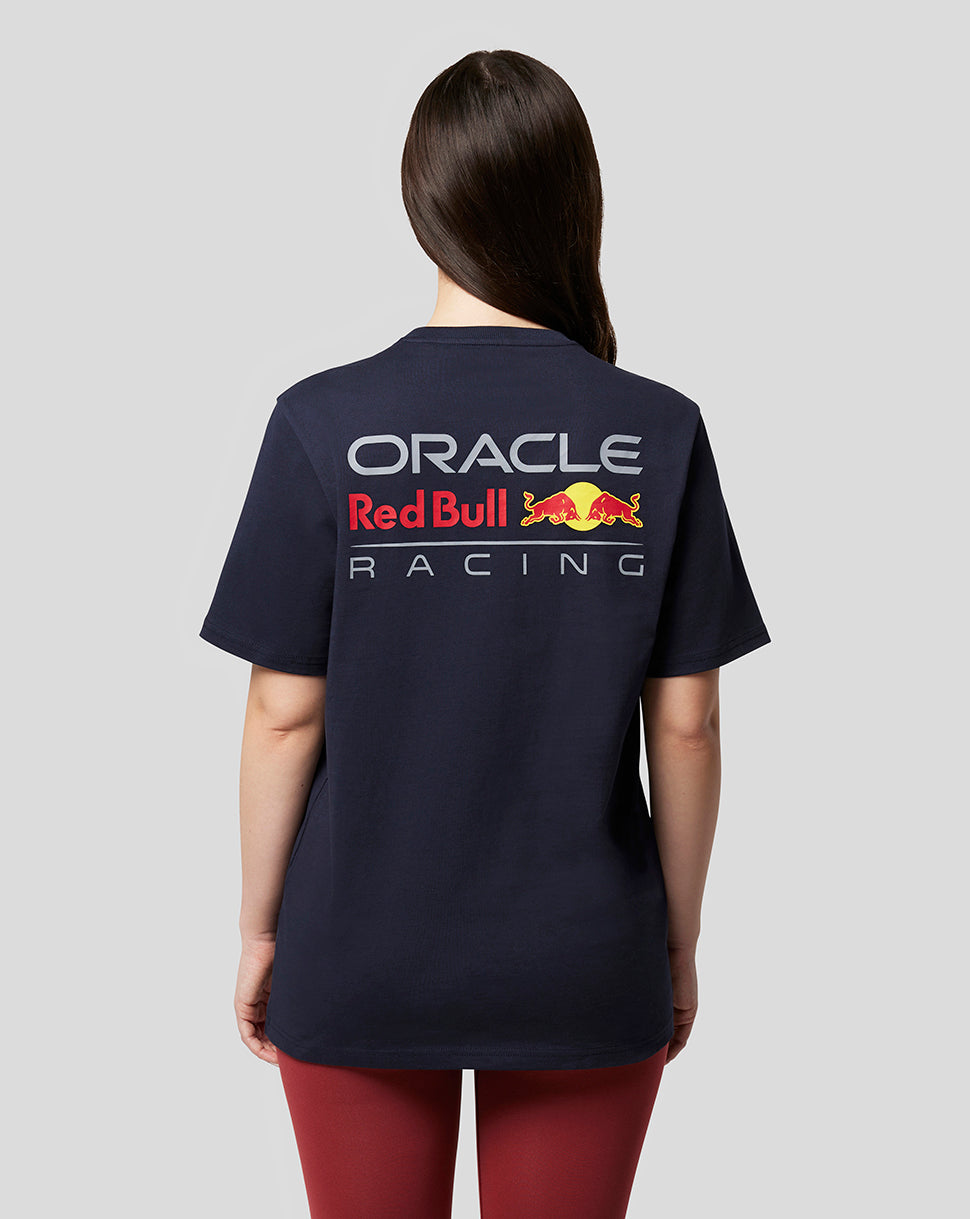 Back view of a model wearing a navy Oracle Red Bull Racing T shirt with a large logo across the back.