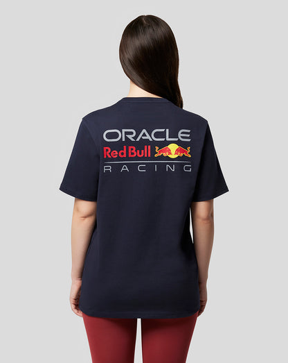 Back view of a model wearing a navy Oracle Red Bull Racing T shirt with a large logo across the back.