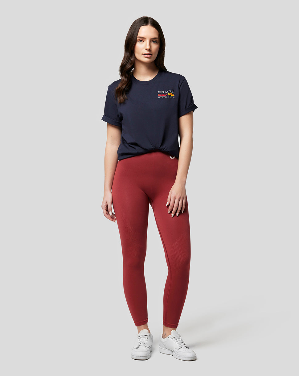 Female model wearing navy Oracle Red Bull Racing Core T Shirt with left chest logo