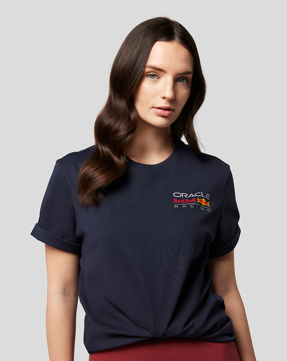 Model wearing navy Core T shirt with Red Bull logos on chest and back, 100% cotton.
