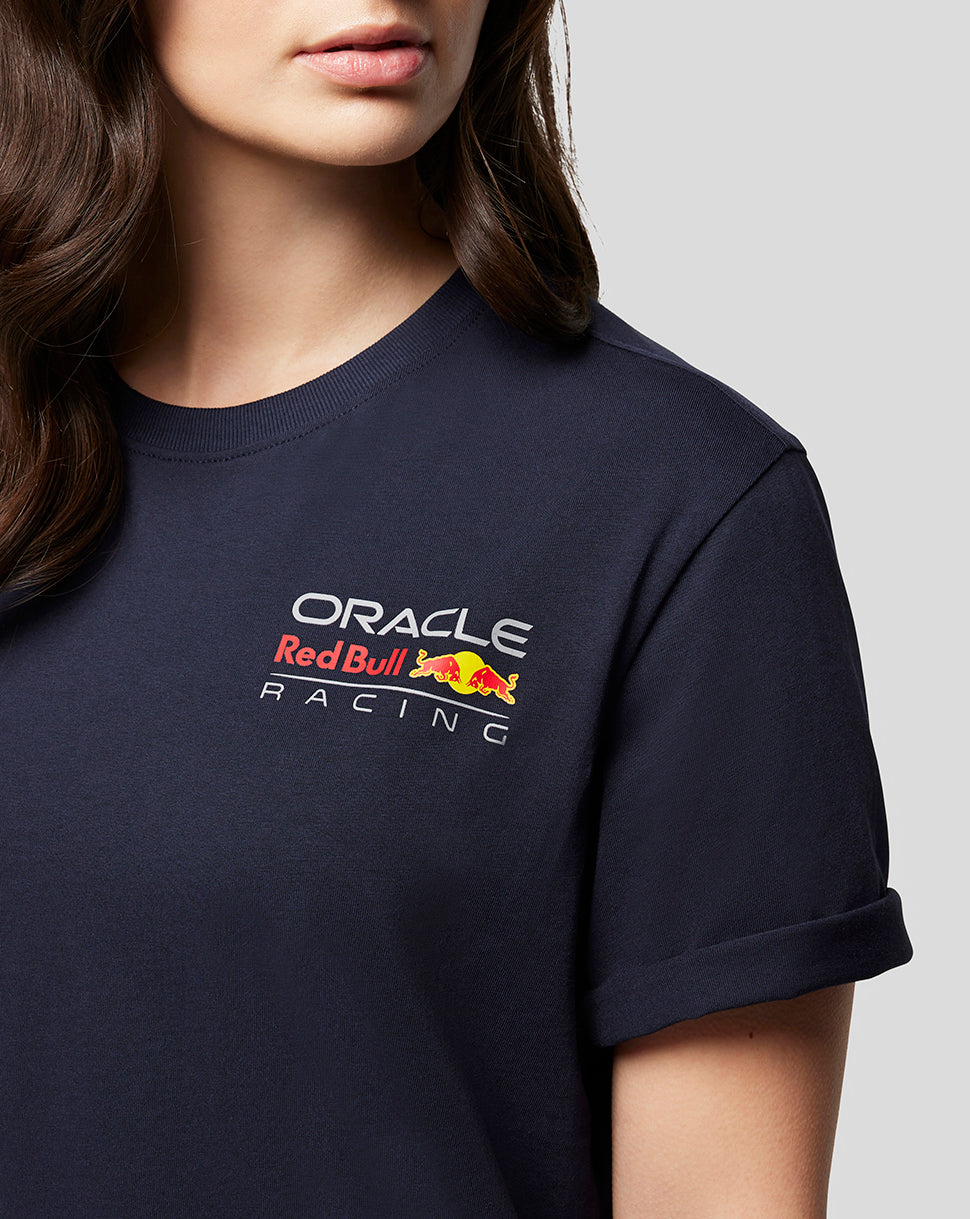 Close up of navy Oracle Red Bull Racing T shirt displaying the left chest logo.
