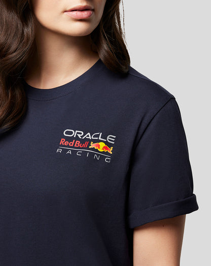 Close up of navy Oracle Red Bull Racing T shirt displaying the left chest logo.
