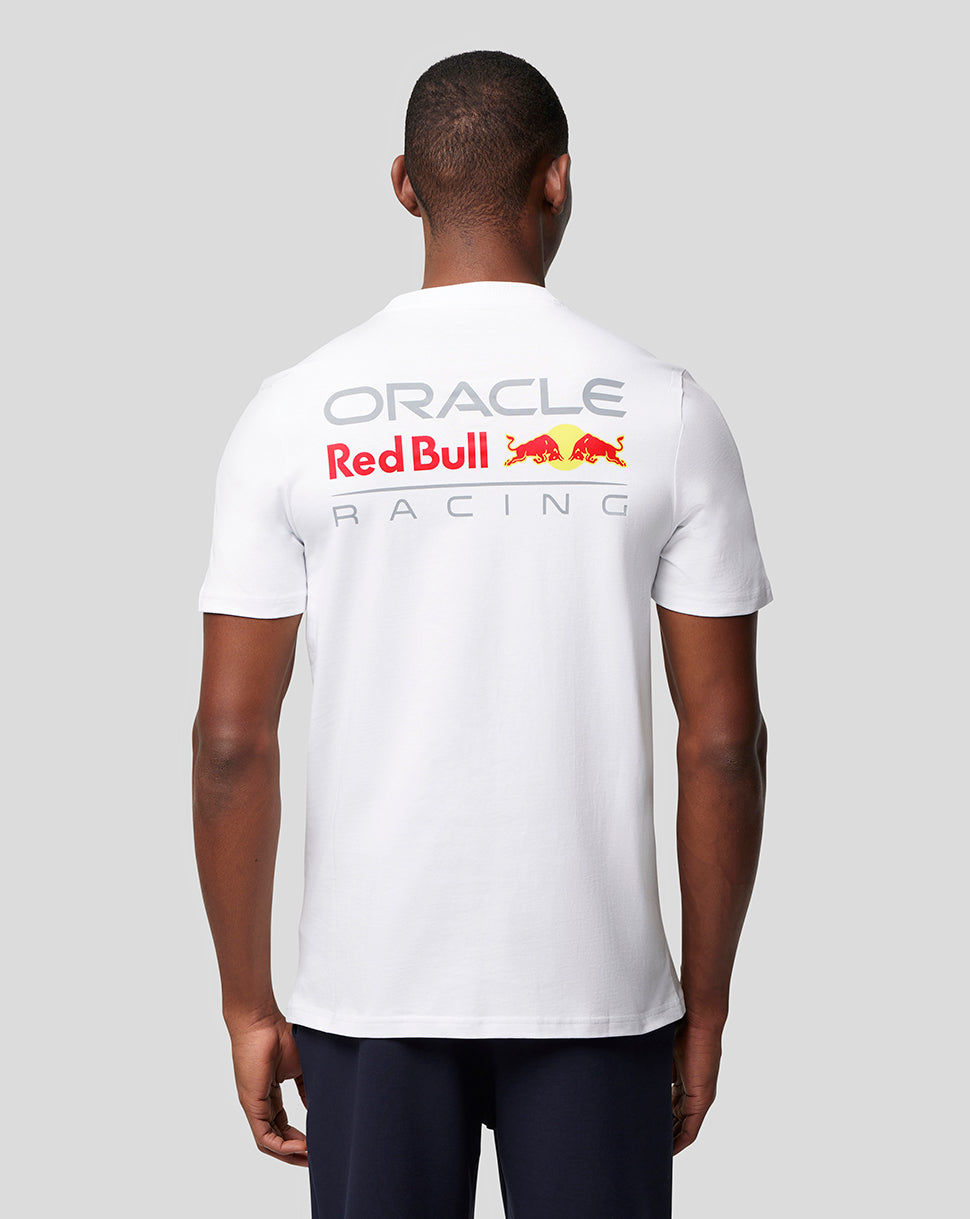 Back view of a white Oracle Red Bull Racing T-shirt with a large logo across the upper back