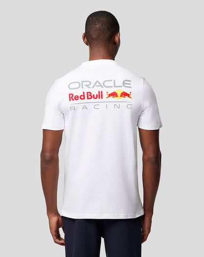 Back view of a white Oracle Red Bull Racing T-shirt with a large logo across the upper back