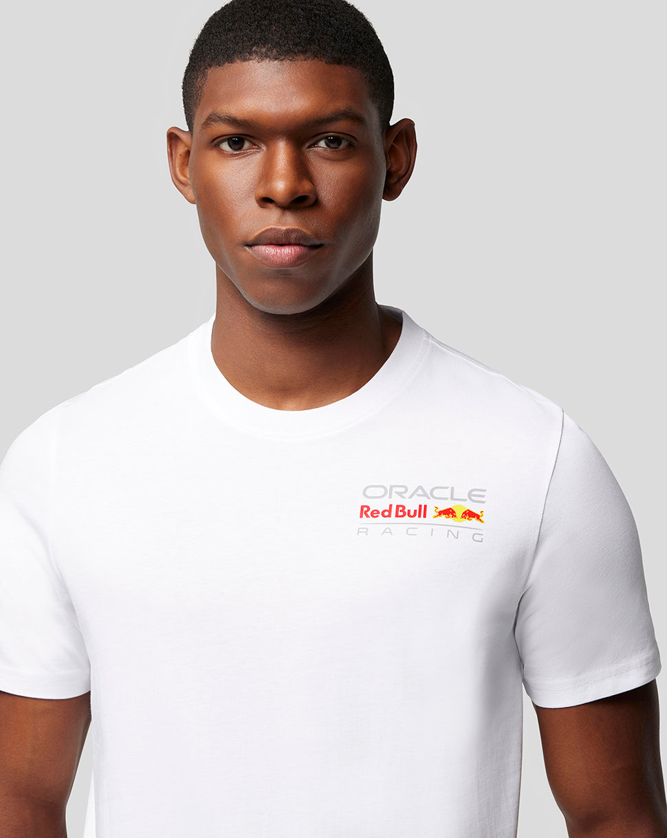 Model wearing white Oracle Red Bull Racing core T shirt with small left chest logo