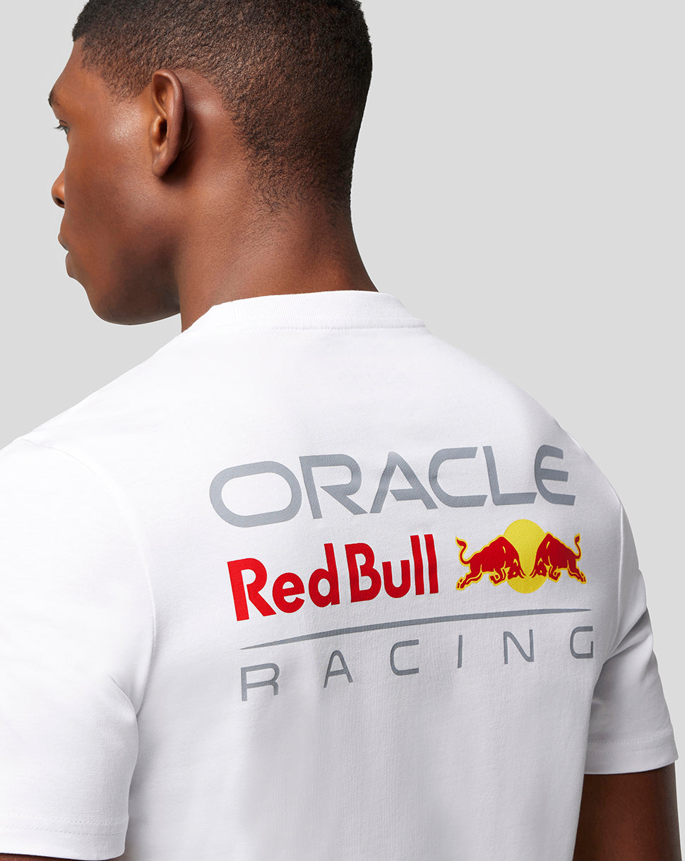 Back view of white Oracle Red Bull Racing core T shirt with large back logo and Red Bull emblem