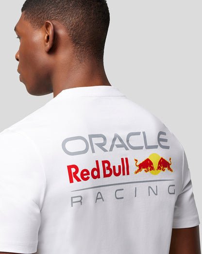 Back view of white Oracle Red Bull Racing core T shirt with large back logo and Red Bull emblem