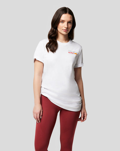 Model wearing white Oracle Red Bull Racing Core T-shirt with a front logo