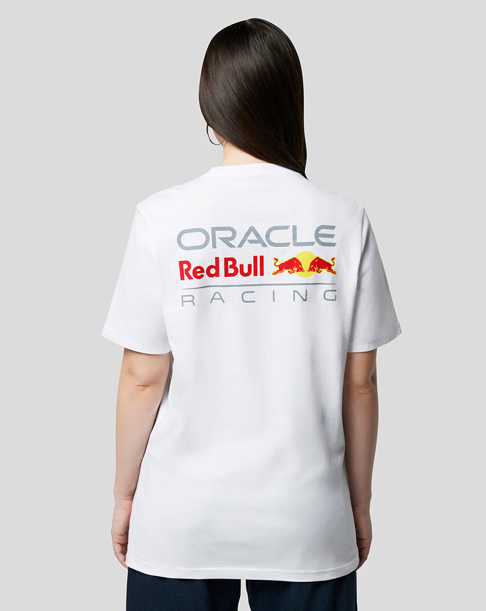 Back view of white Oracle Red Bull Racing unisex core T shirt with large full colour logo across the back