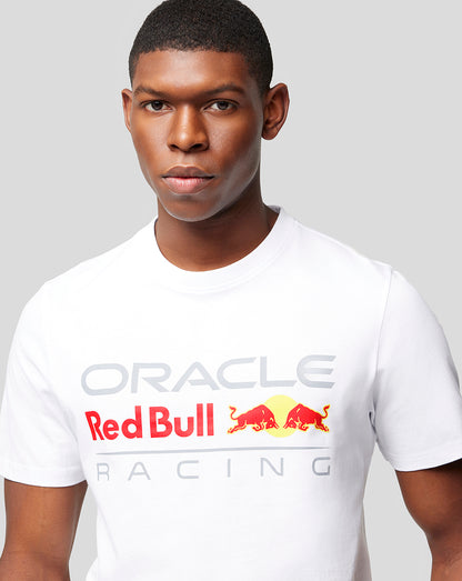 Front view of a model wearing a white Oracle Red Bull Racing large front logo tee.