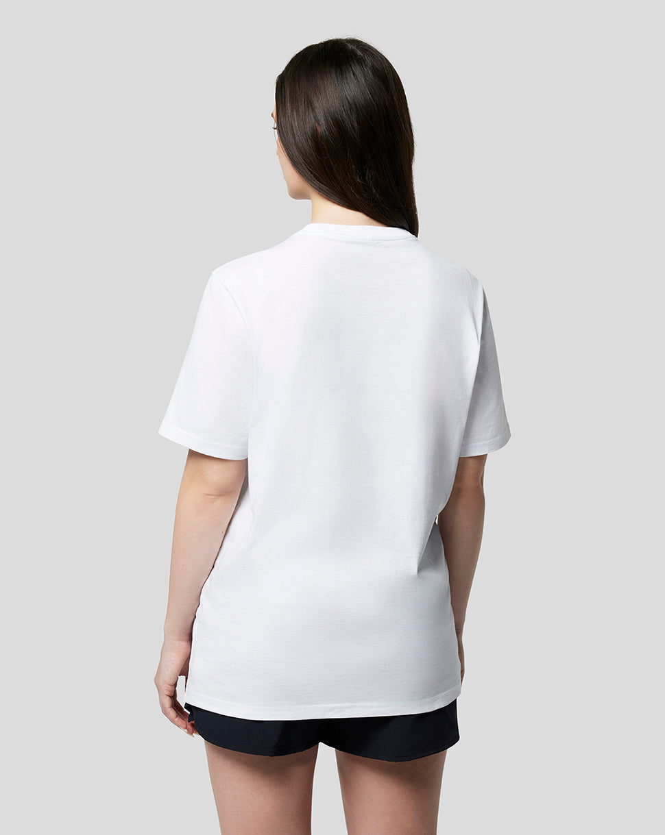 Back view of a model wearing a white Oracle Red Bull Racing tee.