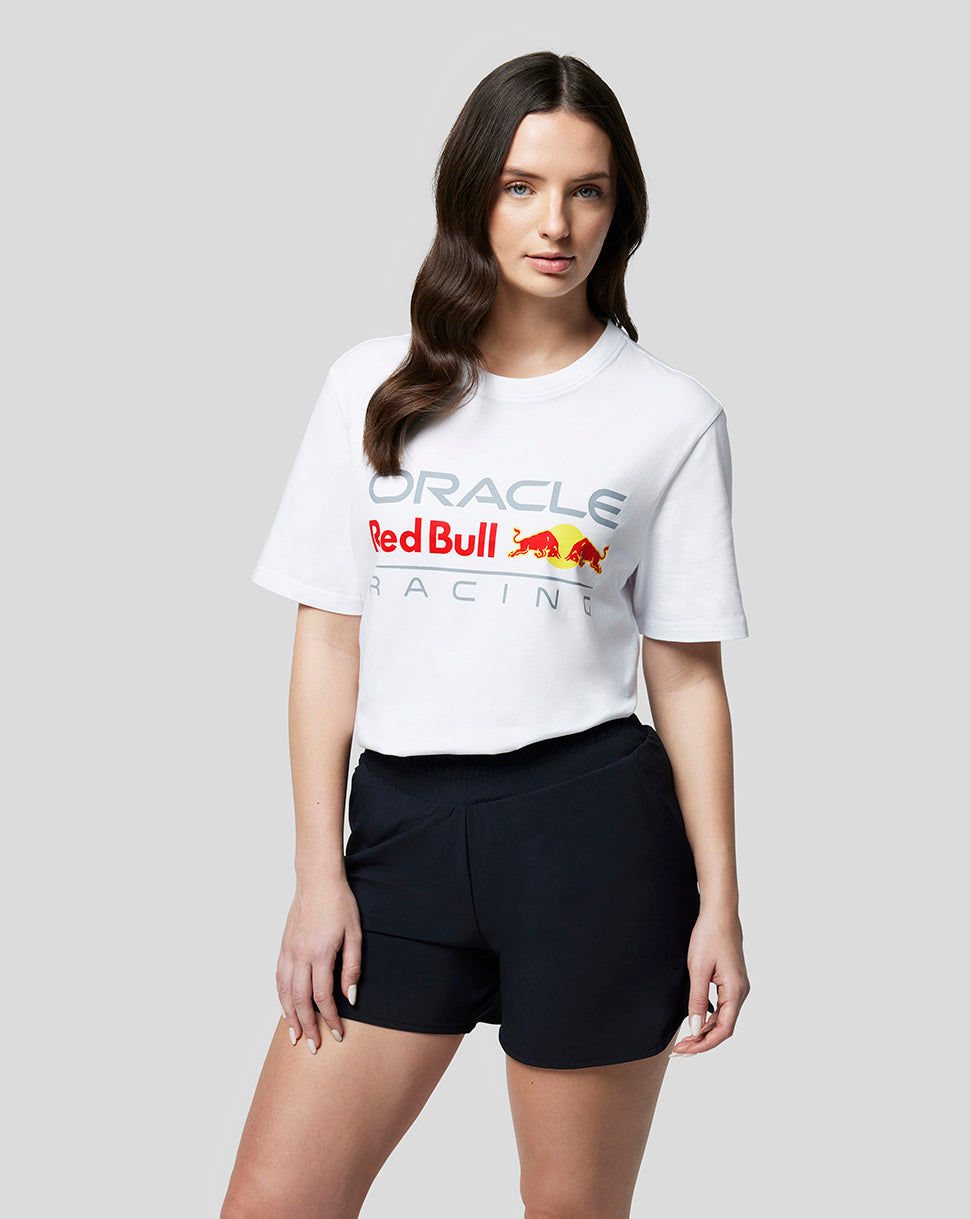 Model wearing white Oracle Red Bull Racing large front logo T shirt