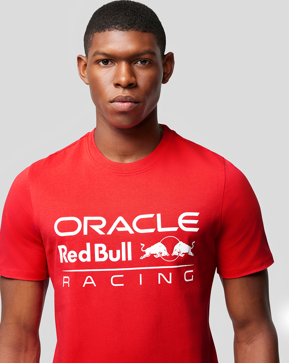 Back view of a woman wearing a flame scarlet Oracle Red Bull Racing T shirt