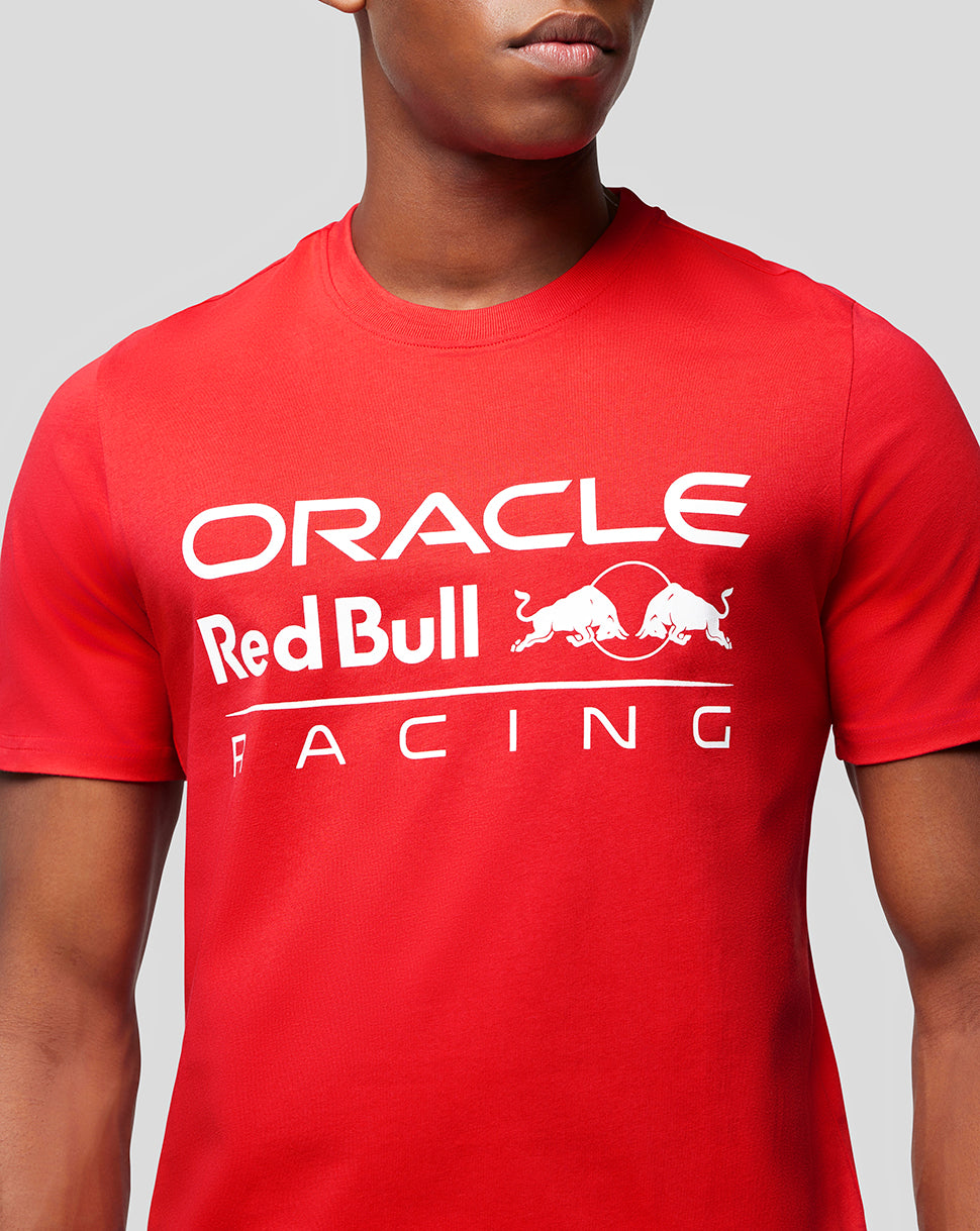 Front view of flame scarlet Oracle Red Bull Racing T-shirt with large white logo on chest