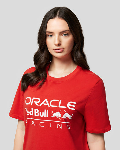 Model wearing flame red Oracle Red Bull Racing T-shirt with large front logo