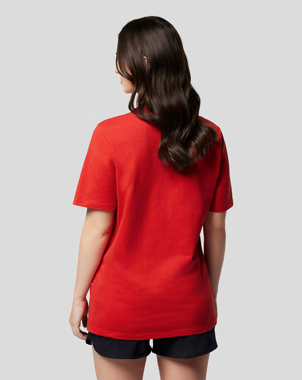 Back view of a man wearing a flame scarlet Oracle Red Bull Racing T shirt