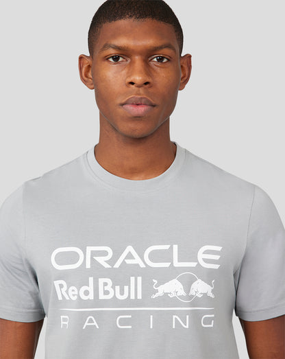 Close-up of grey Oracle Red Bull Racing T shirt showing a large front logo with the bull graphic.